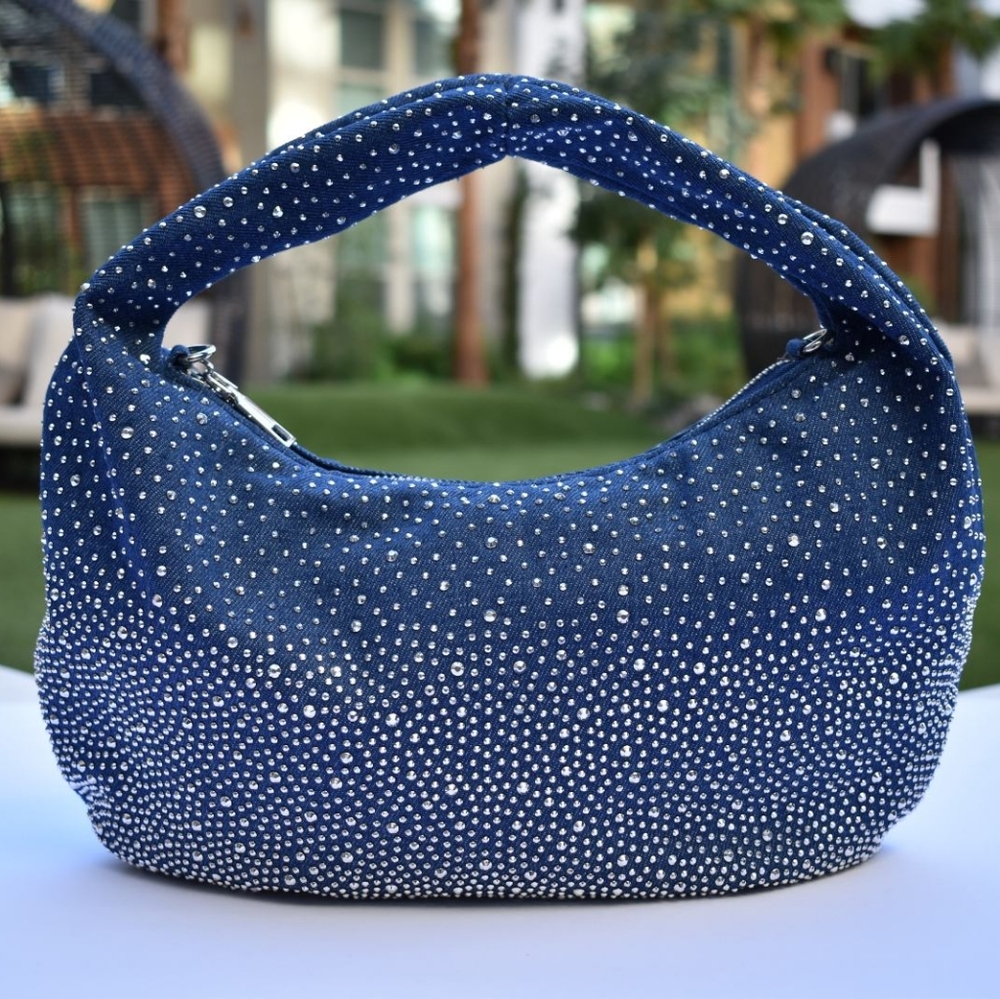 Women's Embellished Denim Studded Hobo Bag Crossbody